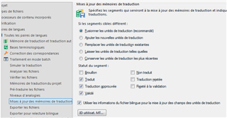Screenshot of Trados Studio's Translation Memory options with settings for updating TMs, including options for 'All language pairs' and segment status such as 'Draft' and 'Translation to be validated'.