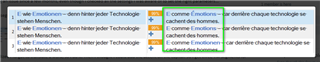 Trados Studio interface showing three different translation segments highlighted, indicating near-identical translations treated as separate valid segments.