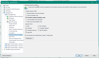 Trados Studio project settings window with 'Translation Memory and Automated Translation' tab open, showing options for handling translation updates.