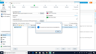 Trados Studio 2019 screenshot showing an error message 'The project could not be created' on the 'New Project' setup window.