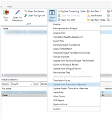 Trados Studio screenshot showing the Batch Tasks menu with the option 'Update Main Translation Memories' highlighted.