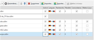 Trados Studio screenshot showing Translation Memory (TM) settings with multiple TMs listed. The first TM is highlighted, with options to set as Main, delete, import, export, and update visible.