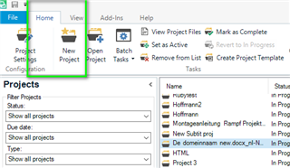 Trados Studio interface highlighting the 'New Project' button in the Home tab for creating a new project.