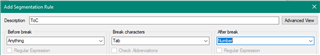 Trados Studio Add Segmentation Rule dialog box with 'Before' rule direction and 'Tab' as the break character.