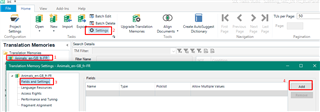 Trados Studio Translation Memories view showing the settings button and a highlighted field values section with an 'Add' button.