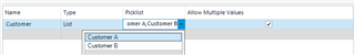Close-up of a drop-down menu in Trados Studio with 'Customer A' and 'Customer B' as selectable field values.