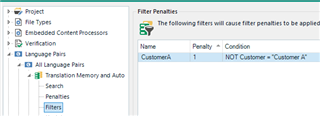 Filter Penalties section in Trados Studio Project Settings with a filter named 'CustomerA' applying a 1% penalty to translation units not added with the value 'Customer A'.