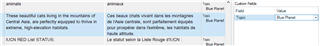 Trados Studio translation memory settings window displaying custom fields with 'Topic' field and 'Blue Planet' value defined.