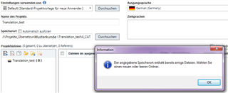 Screenshot of Trados Studio 'New project' dialogue with an error message stating there are already files in the folder.