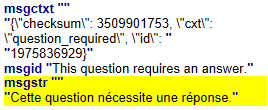 Screenshot of Trados Studio showing a segment of code with msgctxt, msgid, and msgstr elements, highlighting a translation from English to French.