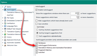 Screenshot of Trados Studio Options window with AutoSuggest section highlighted and an arrow pointing to 'AutoSuggest Dictionaries' checkbox.