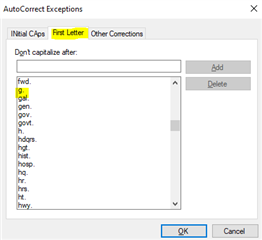 Trados Studio AutoCorrect Exceptions window showing 'Initial Caps' tab with a list of abbreviations not to capitalize after.