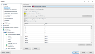 Trados Studio Options window with 'AutoCorrect' settings showing options for capitalization and a list of replace text as you type entries.