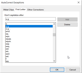 Screenshot of Trados Studio AutoCorrect Exceptions window showing a list of abbreviations like e.g., i.e., etc., with options to Add or Delete entries.