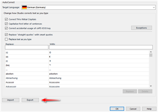 Trados Studio AutoCorrect settings window for German language with an arrow pointing to the 'Import' button.
