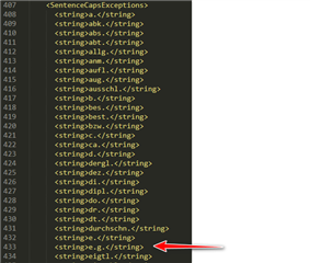 Text editor showing XML code with a list of strings, an arrow points to a line where the user has edited the file.