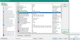 Trados Studio Project Settings window showing File Types list with 'Microsoft Word 2007-2013' selected and a 'Move Up' button highlighted in green.