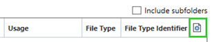 Trados Studio file settings icon highlighted with a green square, next to columns labeled Usage, File Type, and File Type Identifier.