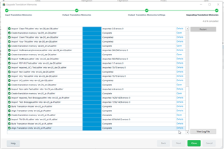 Trados Studio screenshot displaying the Upgrade Translation Memories progress window with a list of completed upgrades and no visible errors or warnings.