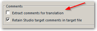Trados Studio settings dialog showing 'Comments' section with an unchecked box for 'Extract comments for translation' and a checked box for 'Retain Studio target comments in target file'. Red arrow pointing to the unchecked box.