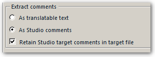 Trados Studio settings dialog showing 'Extract comments' section with three options: 'As translatable text', 'As Studio comments', and 'Retain Studio target comments in target file' with the last option checked.