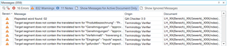 Trados Studio QA Messages panel showing 859 messages with 0 Errors, 0 Notes, 16 Warnings, and an option to Show Ignored Messages.
