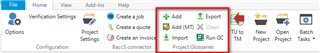 Trados Studio Projects view with Home tab showing new buttons for Project Glossaries next to the Add and Export buttons, highlighted with a red box.