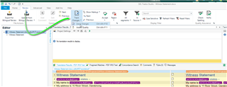 Screenshot of Trados Studio Editor view showing the 'Review' tab with 'Track Changes' toggle highlighted, indicating the feature is turned on.