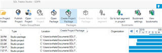 Trados Studio project view with options like 'Open', 'Create Project Package', and 'Package Project' on the toolbar and several projects listed below.