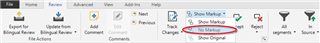Trados Studio toolbar with 'Track Changes' turned on, circled in red, and 'Show Markup' button next to it.