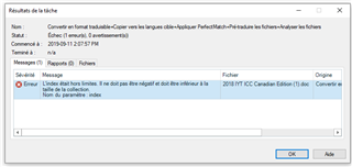 SDL Trados Studio error message window showing 'Erreur de traitement: Index hors limite. Le index ne doit pas etre negatif et doit etre inferieur a la taille de la collection. Nom du parametre: index' with a file named '2017 HTCC Canadian Edition (Canada)' listed as the origin.