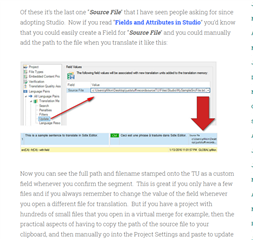 Screenshot of a blog post discussing the 'Source File' field in Trados Studio with an arrow pointing to the TM update settings dialog box.