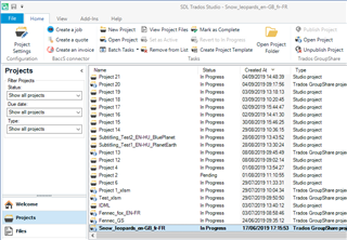 Screenshot of Trados Studio showing a list of projects with names like 'Project 20', 'Project 19', and 'Subtitling_Test1_EN-FR_Blueline'. All projects are in 'In Progress' status with various due dates and assigned to 'Studio project'.
