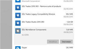 Screenshot showing a list of SDL applications installed on a computer, with the 'modify' option grayed out for SDL Trados Studio 2015 SR3 and other SDL apps.