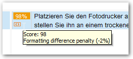 Screenshot showing Trados Studio Translation Results pane with a segment score of 98% and an orange warning icon indicating a formatting difference penalty of -2%.