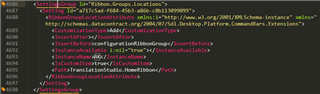 A section of UserSettings.xml code with lines 4083 to 4098 visible, showing XML tags for RibbonGroup, InsertBeforeMso, and ContextualTabs.
