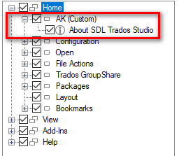 Trados Studio interface showing the Home tab with a red box highlighting 'About SDL Trados Studio' under 'AK (Custom)' section.