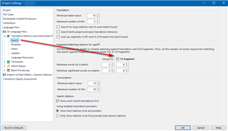 Trados Studio Project Settings window with Fragment Matching settings highlighted, showing it is enabled with a minimum match value of 70%.
