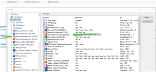 Trados Studio screenshot showing the Options menu with File Types section expanded, highlighting various file types such as Microsoft Word 2007-2019 and XML.