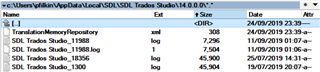Screenshot of a file explorer window with the path 'C:UsersadminAppDataLocalSDLSDL Trados Studio14.0.0.0' displaying folders and log files related to Trados Studio.
