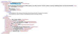 Error log from Trados Studio showing 'MultiTerm cannot add entry' in Chinese, with details of the software version and system information.