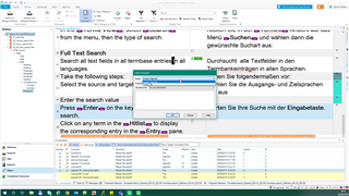 Trados Studio interface showing a full text search with options to search all text fields in all template entries.