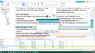Close-up of Trados Studio search panel with instructions on how to perform a full text search in various languages.