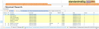Trados Studio search results displaying comments at file level with highlighted segments indicating incomplete target translations.