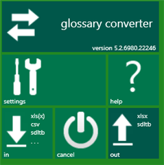 Screenshot of Trados Studio's Glossary Converter tool with version number 5.2.6980.22246. Options for settings, help, cancel, and inputoutput formats including csv, sdltb, and xlsx are visible.