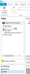 Trados Studio screenshot showing the 'Files' view with multiple SDLXLIFF files listed, and the 'Include subfolders' checkbox ticked under the 'View' tab.