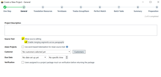 Trados Studio Project Creation Wizard with options 'Allow source editing' and 'Enable merging segments across paragraphs' checked.