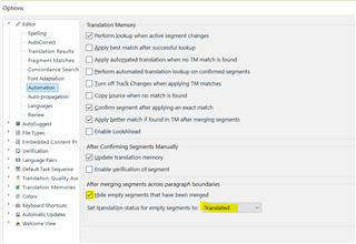 Trados Studio Options menu showing Editor settings with 'After merging segments across paragraph boundaries' options, including hiding empty segments.
