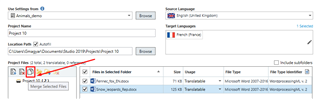 Trados Studio project settings window showing an error icon next to the 'Files to include' section, indicating a potential issue with file merging.