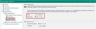 Trados Studio screenshot showing Project Settings with a warning message about differences between local and online versions. Options for Error Repair and Match Repair are visible with radio buttons to enable or disable.